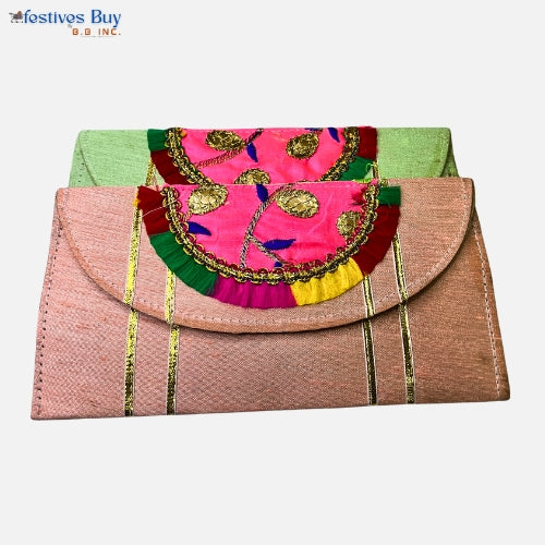 Festives Buy Designer Embroidered Shagun Envelope Clutch – Set of 2 (Peach & Green)