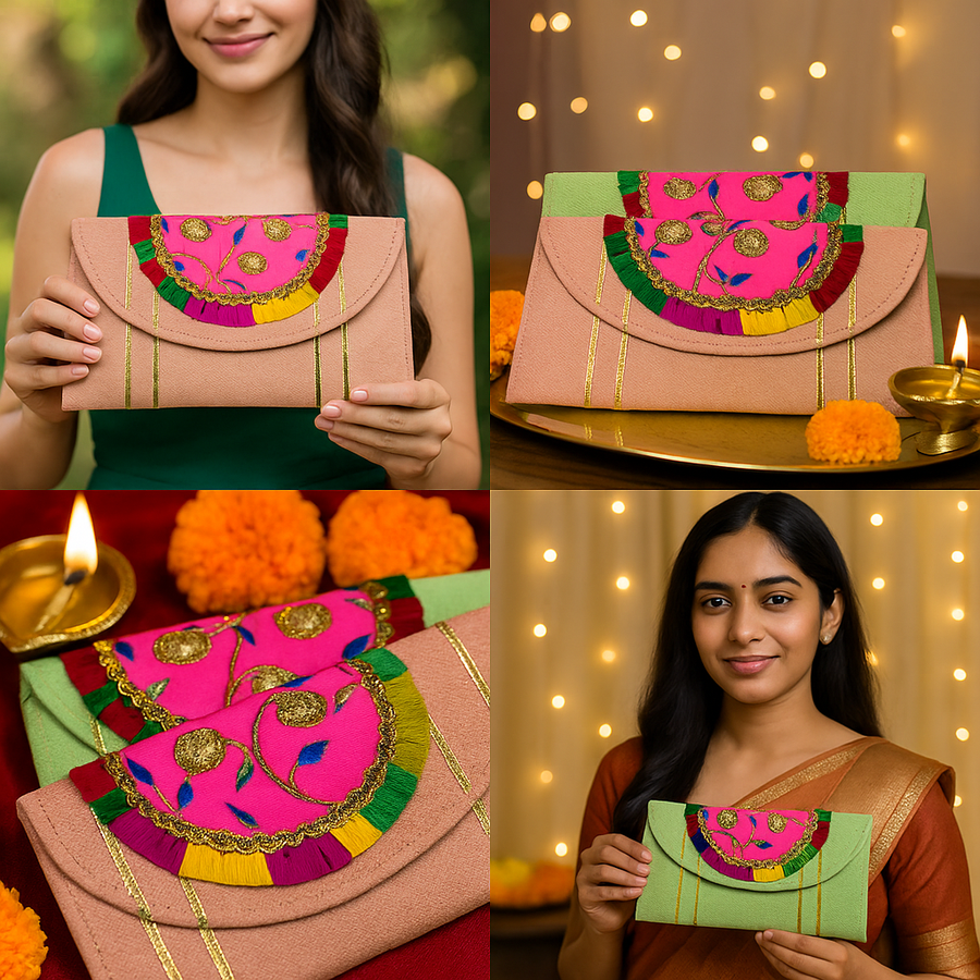 Festives Buy Designer Embroidered Shagun Envelope Clutch – Set of 2 (Peach & Green)