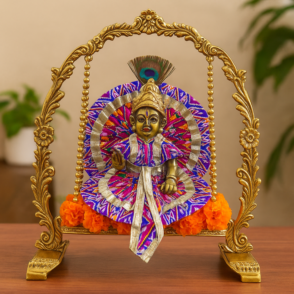 Blue Traditional Laddu Gopal Dress – 8 Inch Diameter | Golden Lace Krishna Idol Poshak for Janmashtami & Puja
