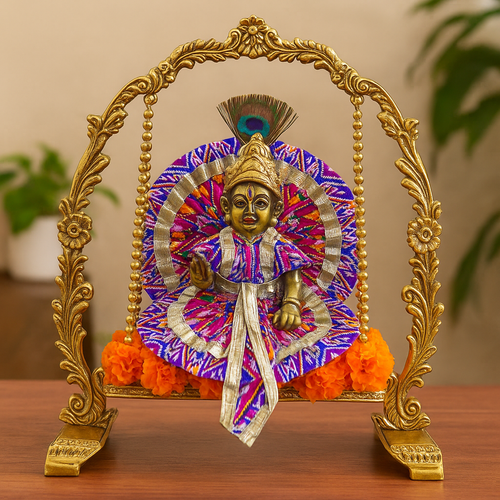 Blue Traditional Laddu Gopal Dress – 8 Inch Diameter | Golden Lace Krishna Idol Poshak for Janmashtami & Puja