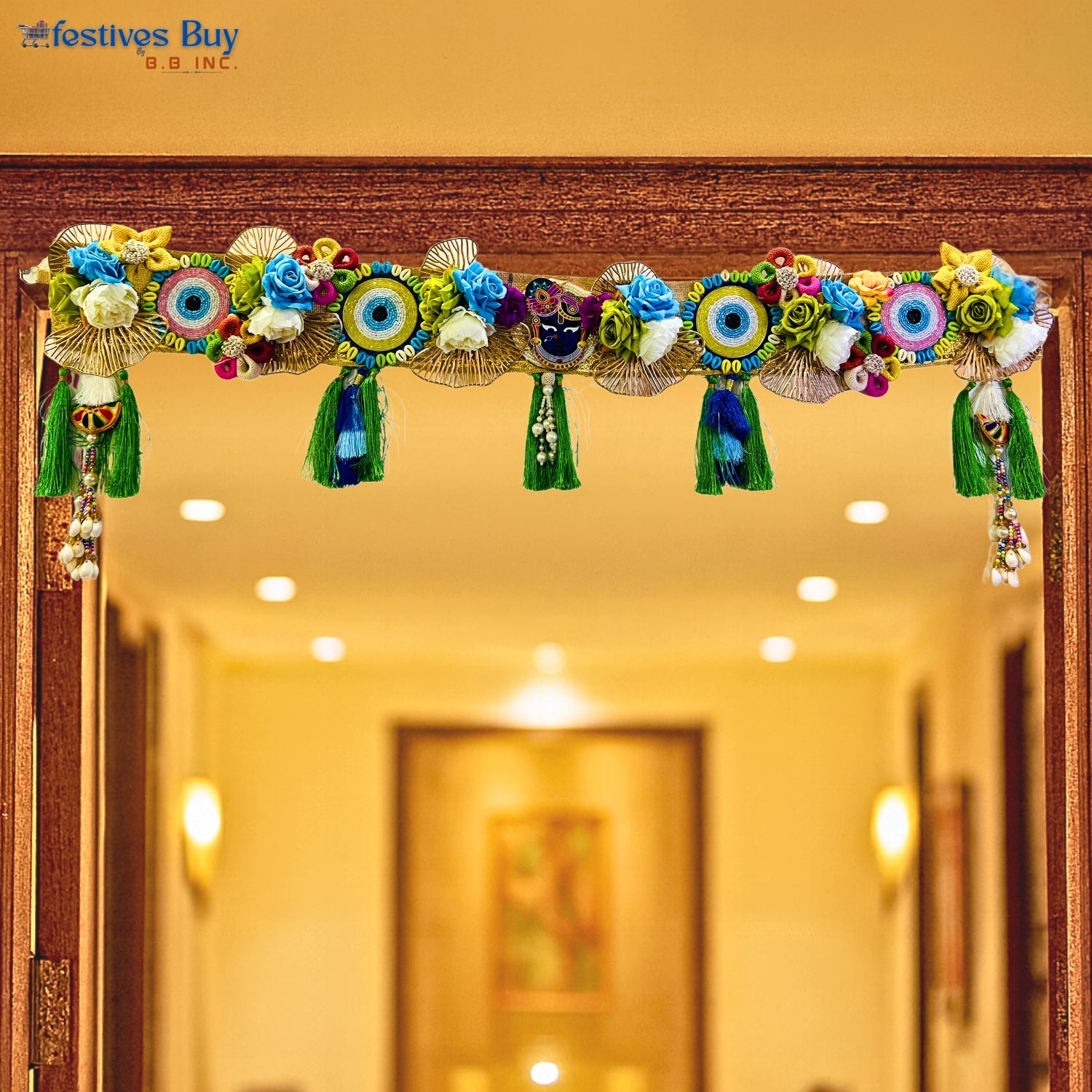Evil Eye Floral Toran – 40 Inch Decorative Door Hanging with Flowers, Beads & Tassels by Festives Buy