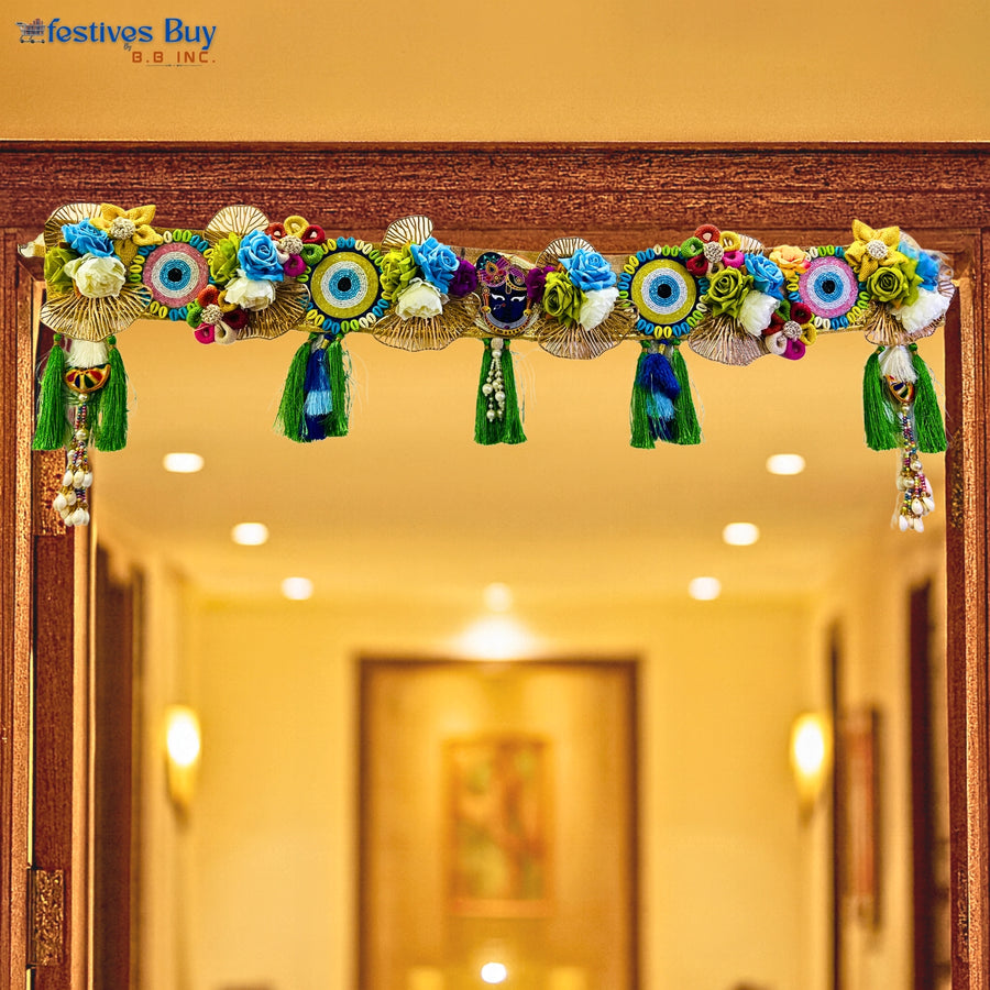 Evil Eye Floral Toran – 40 Inch Decorative Door Hanging with Flowers, Beads & Tassels by Festives Buy