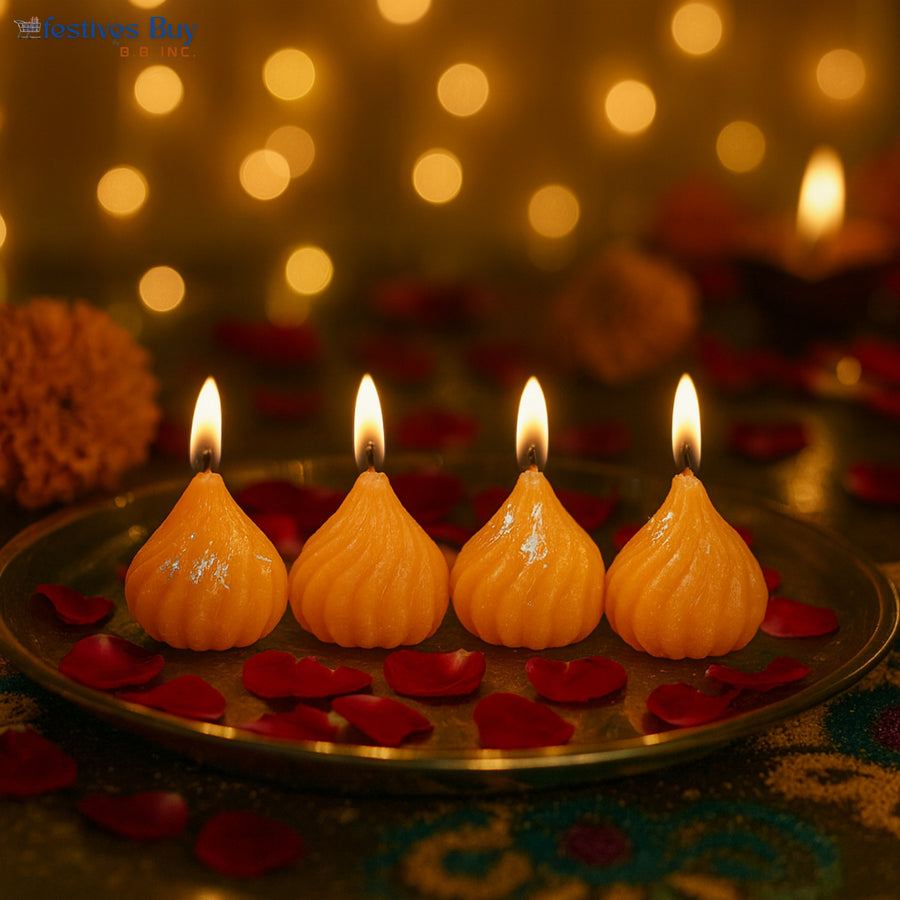 Festive Modak Designer Candles Set of 4 (Orange) by Festives Buy