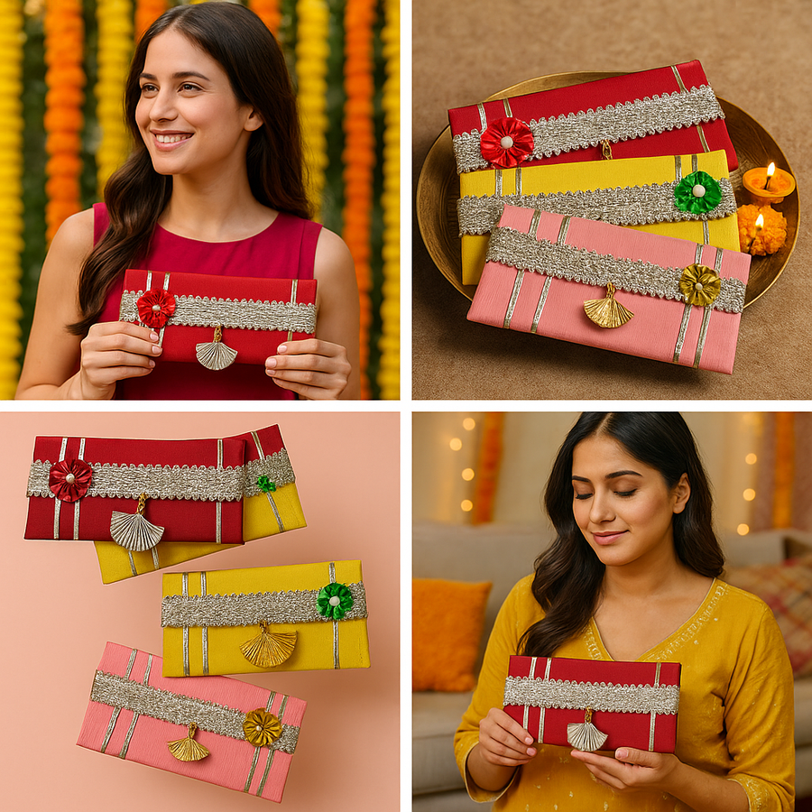 Festives Buy Decorative Tassel Shagun Envelope Clutch – Set of 3 (Red, Yellow & Pink)