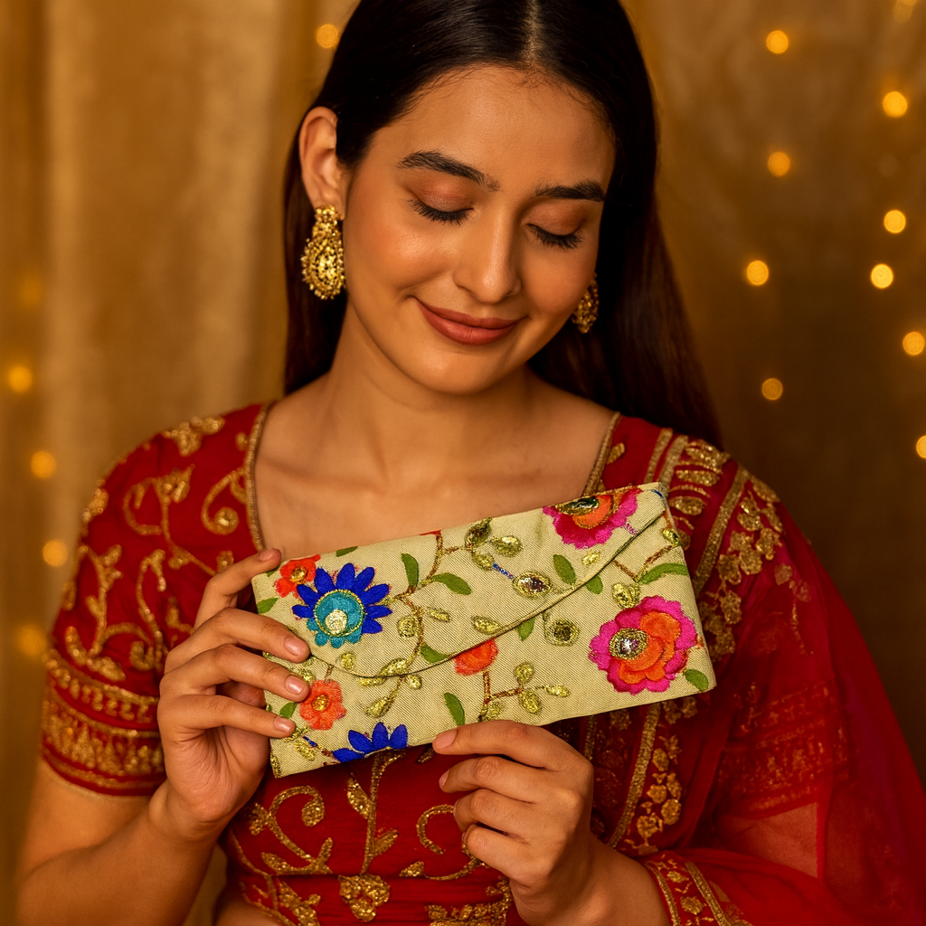 Festives Buy Floral Embroidered Shagun Envelope Clutch – Elegant Festive & Wedding Gifting