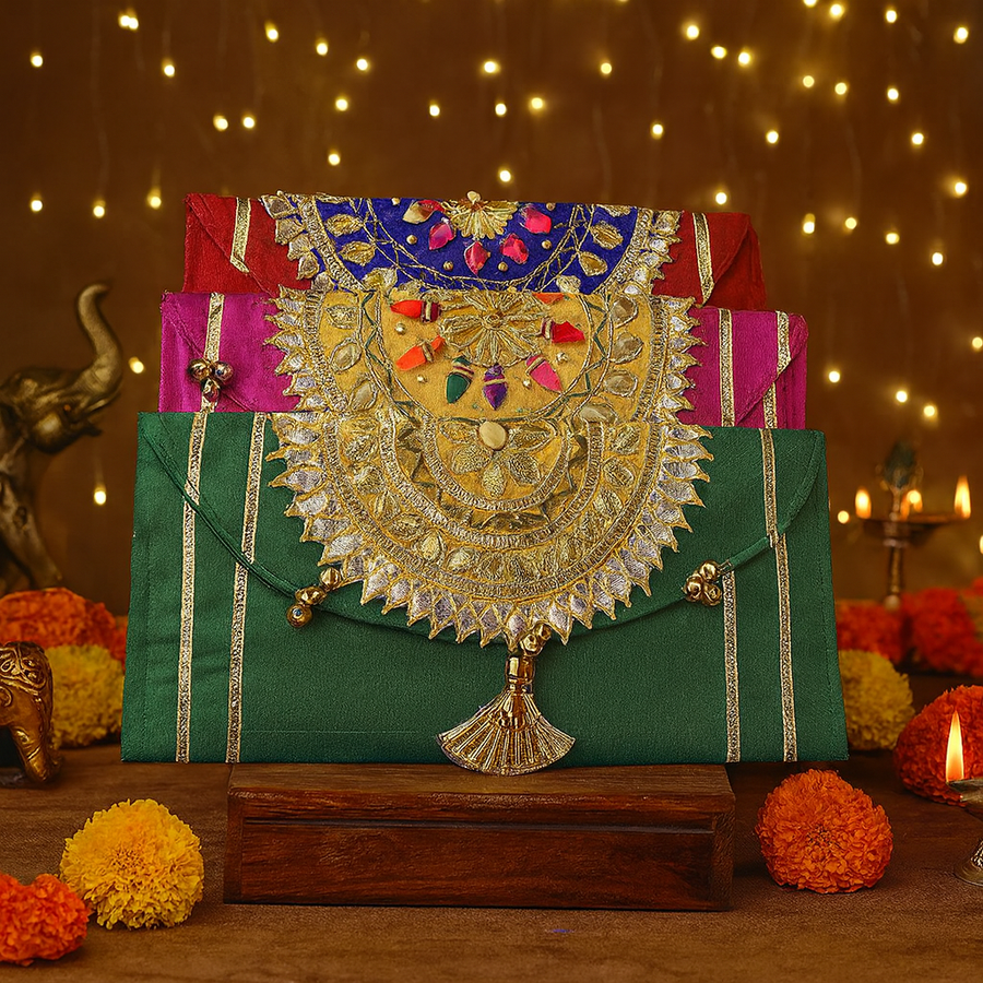 Festives Buy Handcrafted Zari Shagun Envelope Clutch Set of 3 – Premium Wedding & Festive Gifting
