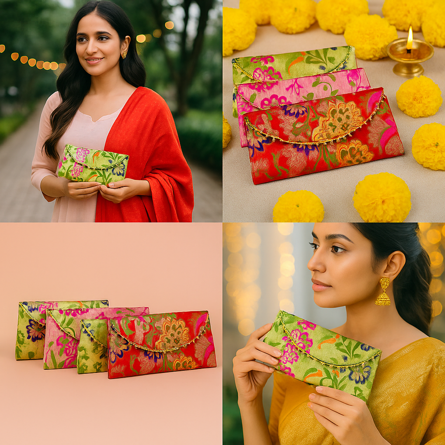 Festives Buy Premium Brocade Shagun Envelope Clutch – Set of 4 (Red, Pink, Green & Gold)