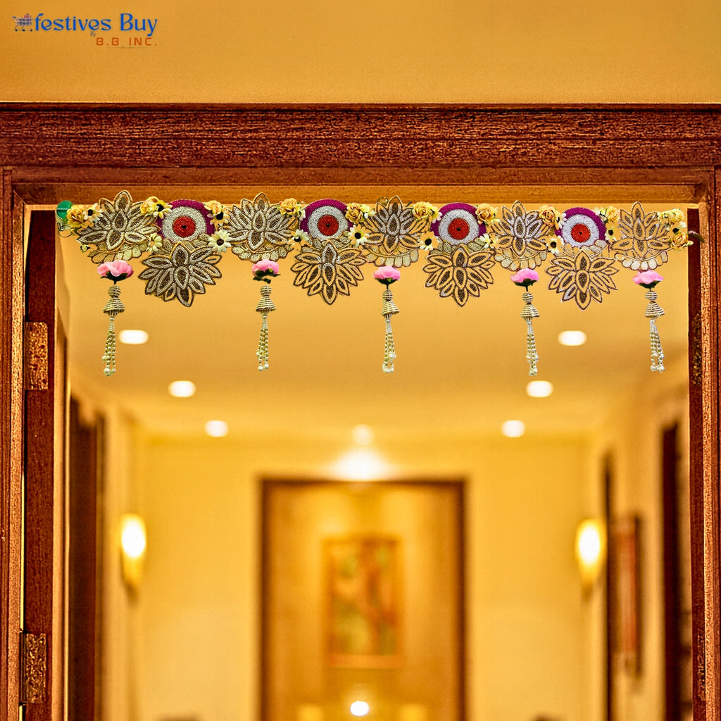 Floral Pattern Designer Toran – 40 Inch Decorative Door Hanging with Golden Motifs & Tassels by Festives Buy