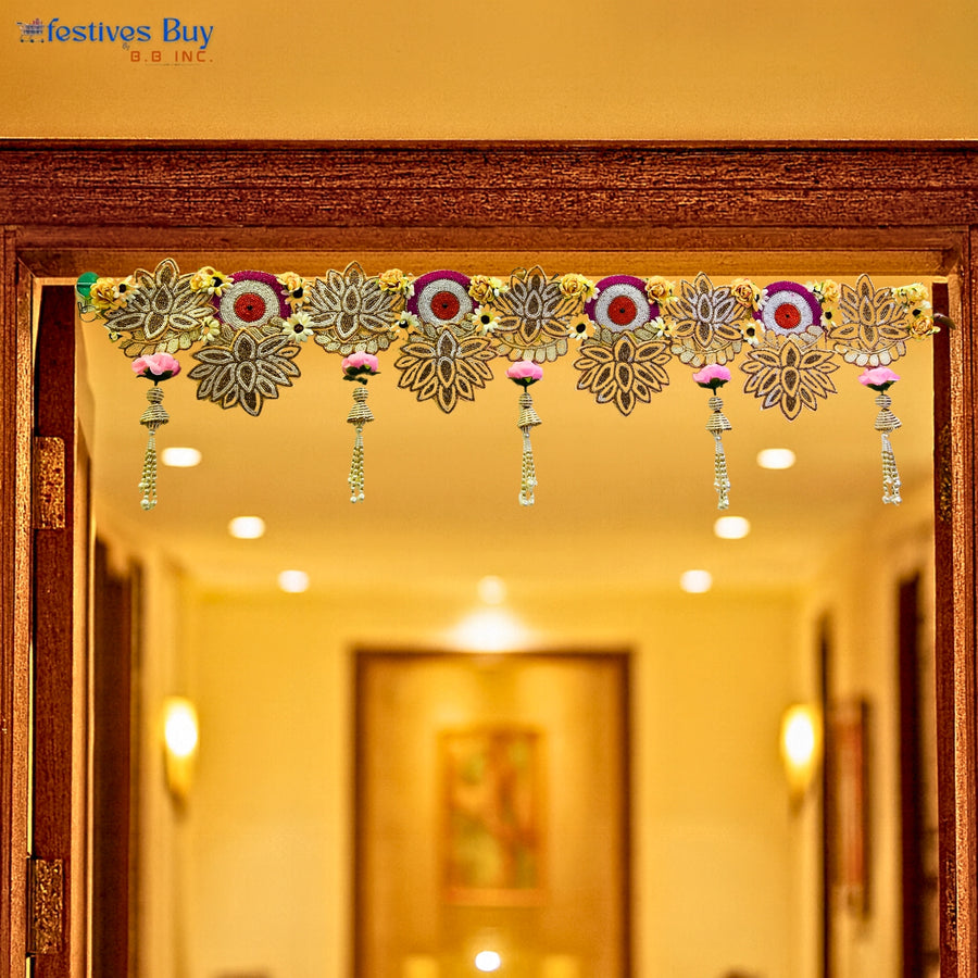 Floral Pattern Designer Toran – 40 Inch Decorative Door Hanging with Golden Motifs & Tassels by Festives Buy