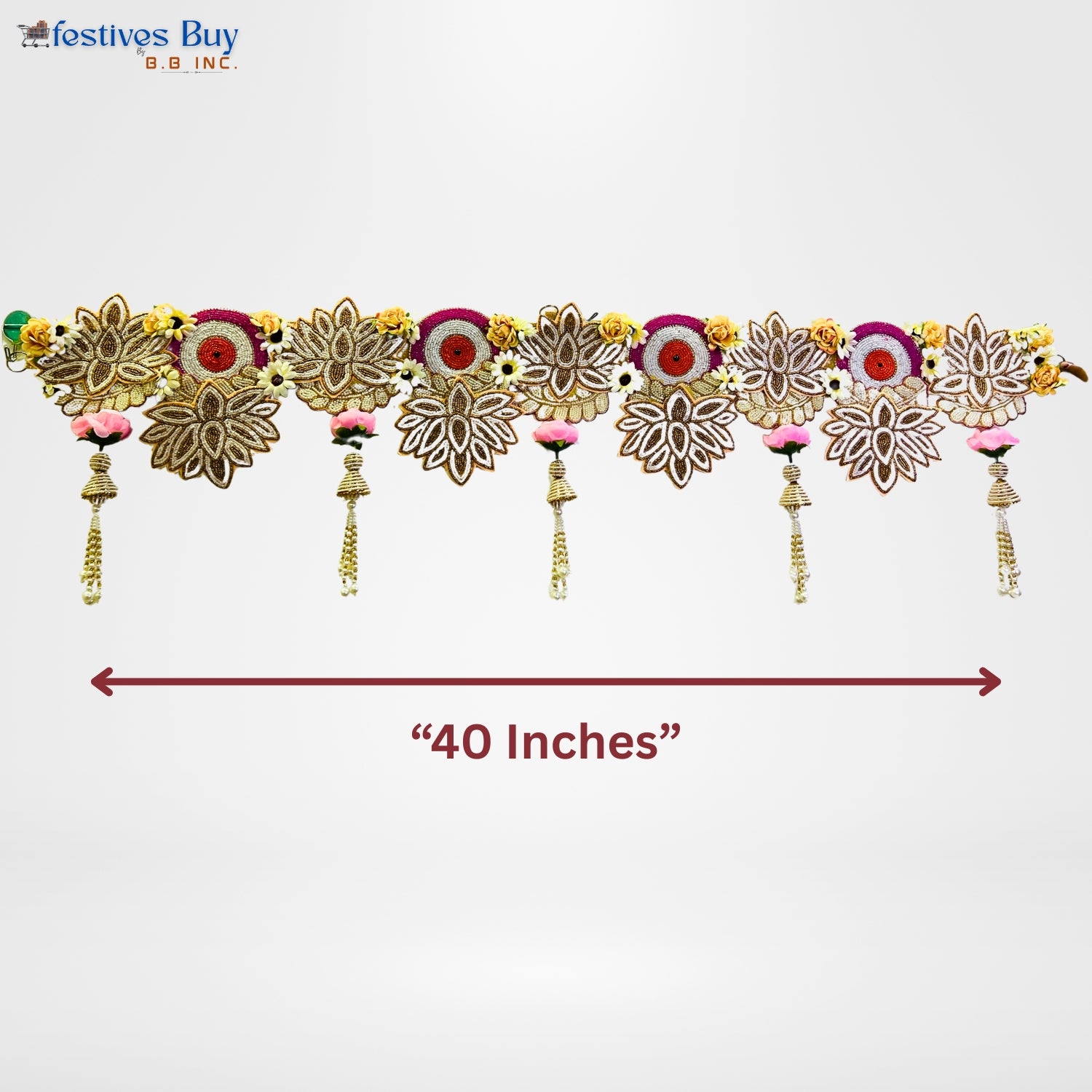 Floral Pattern Designer Toran – 40 Inch Decorative Door Hanging with Golden Motifs & Tassels by Festives Buy