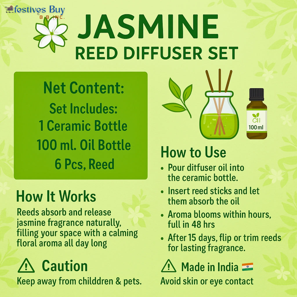 Jasmine Reed Diffuser Set – 100ml Fragrance Oil & Ceramic Bottle by Festives Buy
