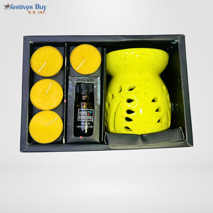 Lemongrass Ceramic Oil Burner Set – Fragrance Diffuser with Tealights by Festives Buy