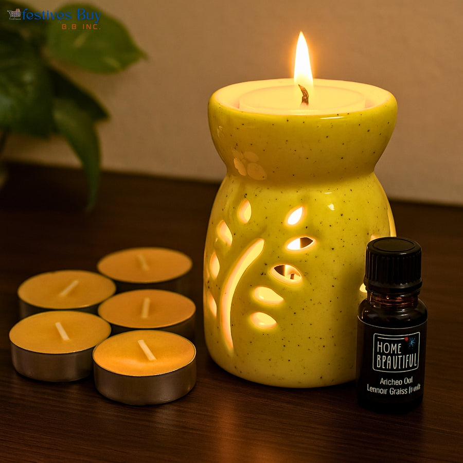 Lemongrass Ceramic Oil Burner Set – Fragrance Diffuser with Tealights by Festives Buy