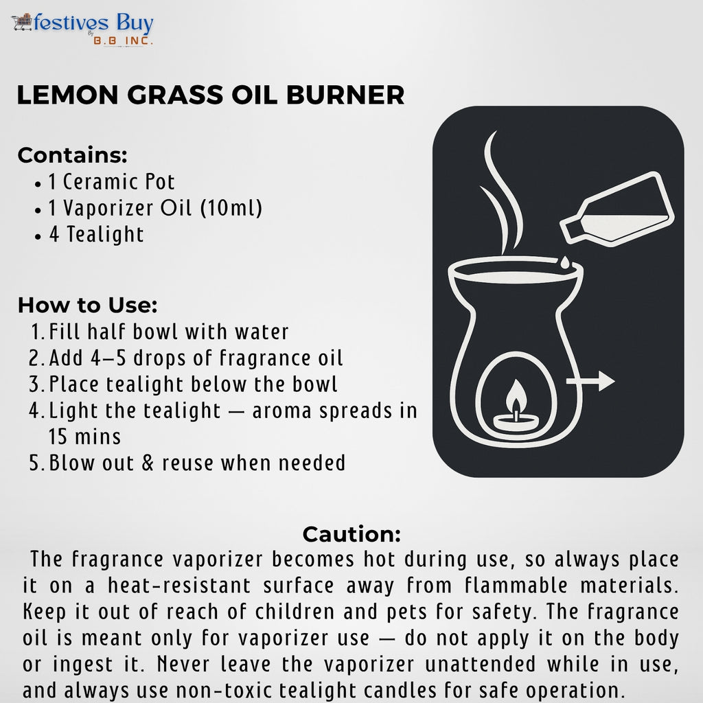 Lemongrass Ceramic Oil Burner Set – Fragrance Diffuser with Tealights by Festives Buy