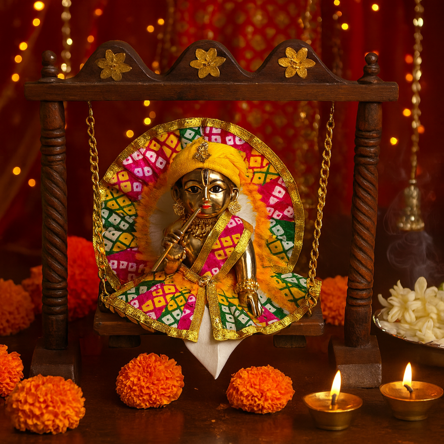 Multicolor Designer Laddu Gopal Dress – 6 Inch Diameter | Golden Lace Poshak for Krishna Idol Puja & Janmashtami