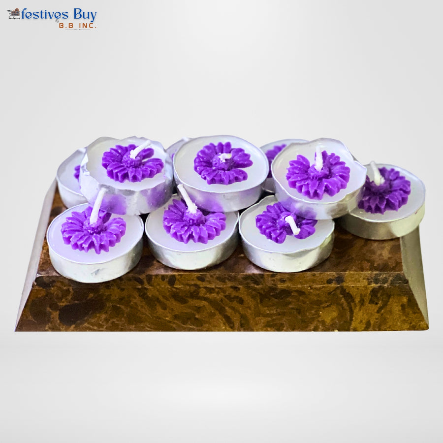 Purple Flower Tealight Candle Set – 10 Piece Decorative Floral Festive Candles by Festives Buy