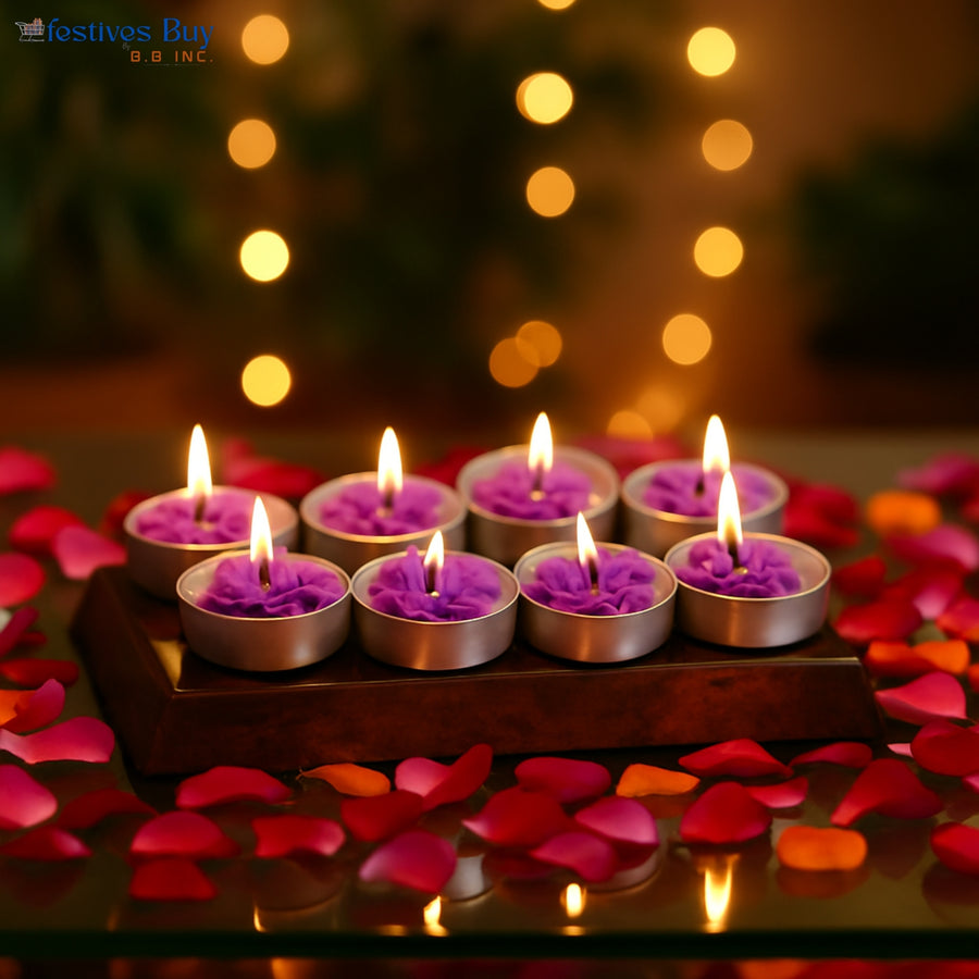 Purple Flower Tealight Candle Set – 10 Piece Decorative Floral Festive Candles by Festives Buy