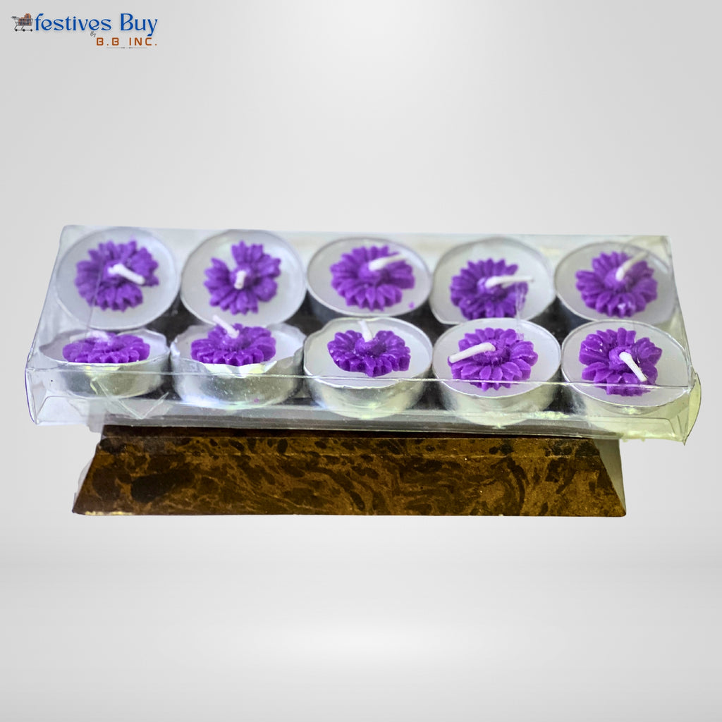 Purple Flower Tealight Candle Set – 10 Piece Decorative Floral Festive Candles by Festives Buy