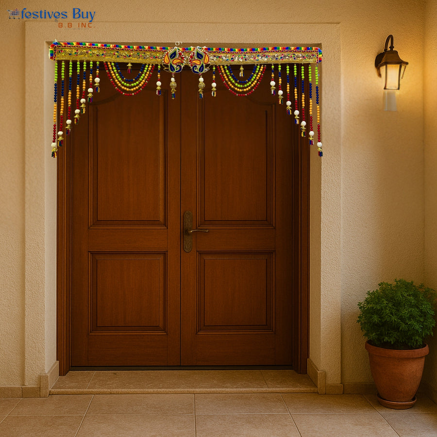 Rainbow Beaded Toran – 38 Inch Decorative Door Hanging with Bells by Festives Buy