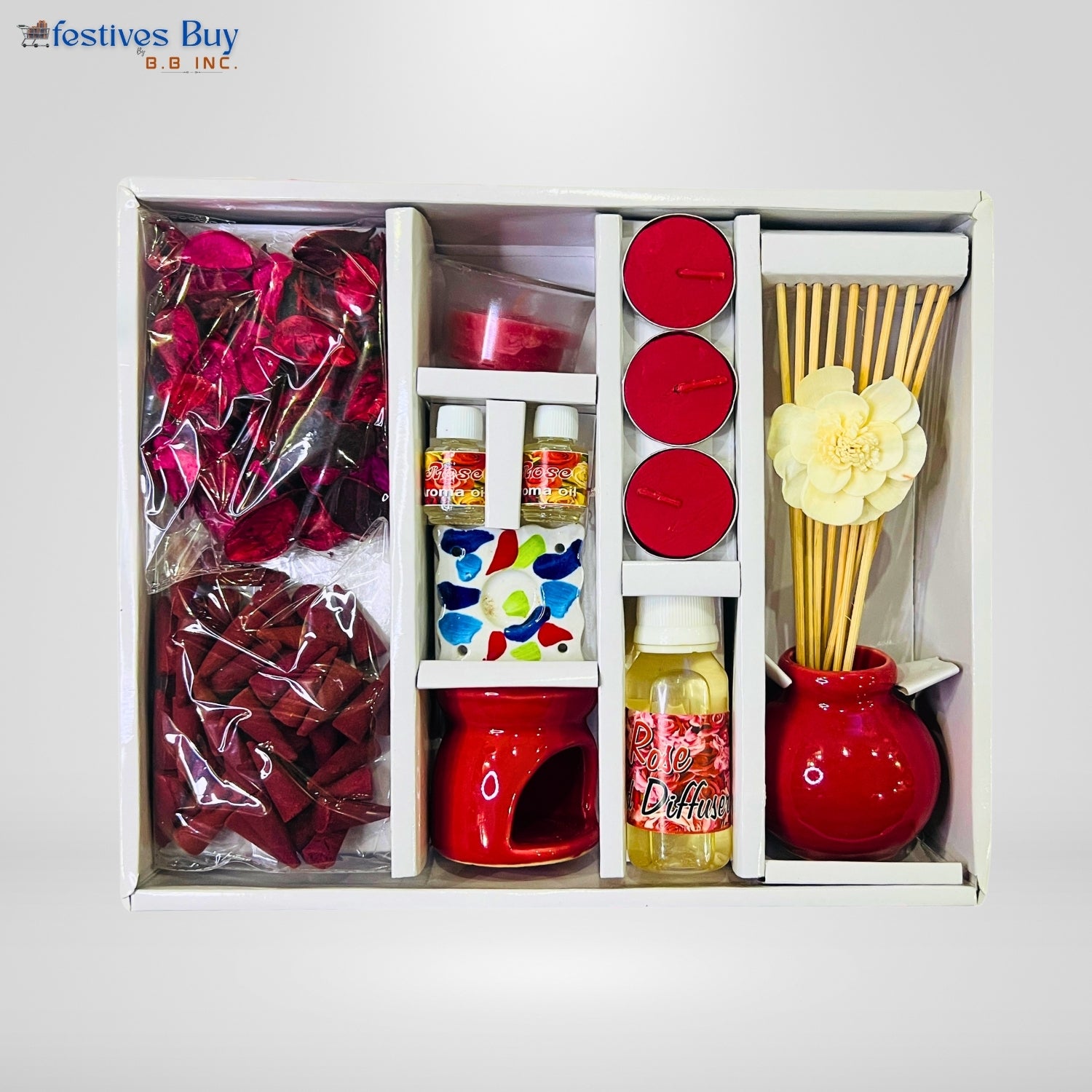 Rose Essence Aroma Gift Set – Ceramic Oil Burner & Reed Diffuser by Festives Buy