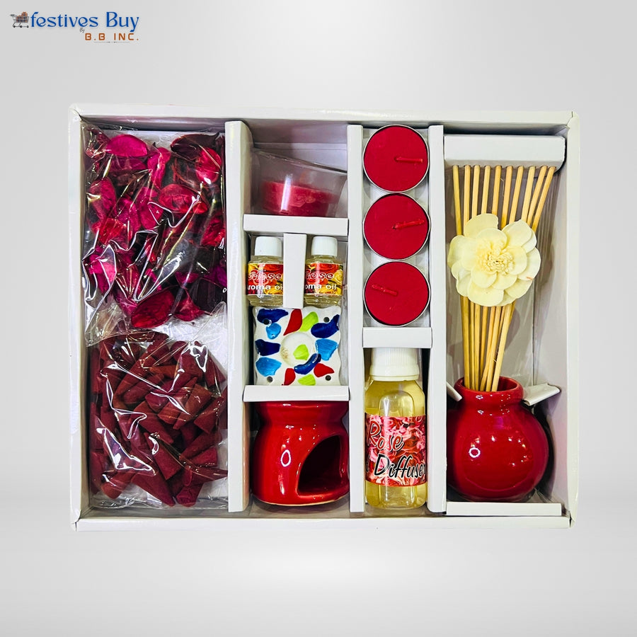 Rose Essence Aroma Gift Set – Ceramic Oil Burner & Reed Diffuser by Festives Buy