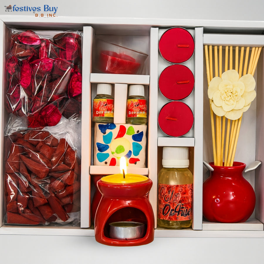 Rose Essence Aroma Gift Set – Ceramic Oil Burner & Reed Diffuser by Festives Buy