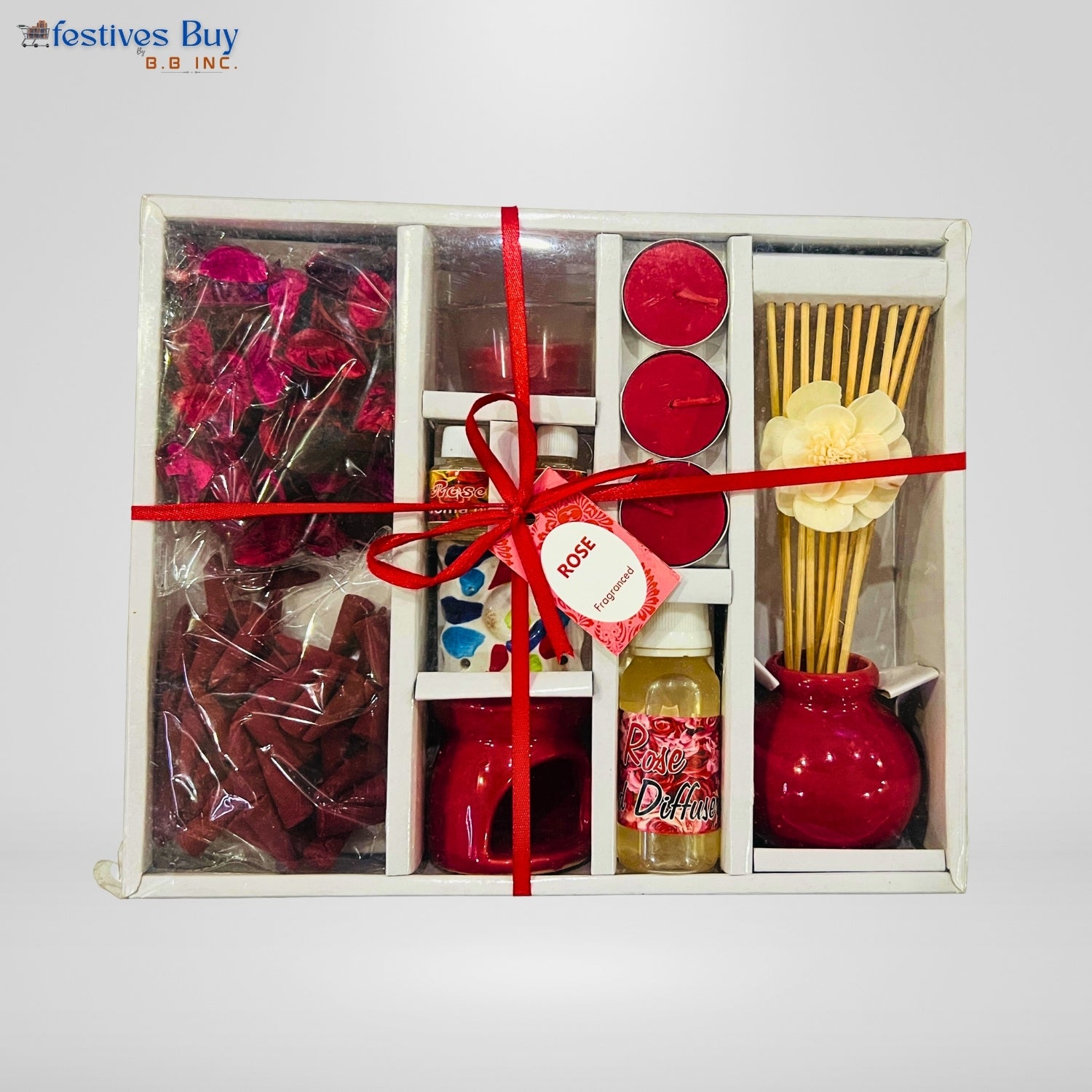 Rose Essence Aroma Gift Set – Ceramic Oil Burner & Reed Diffuser by Festives Buy