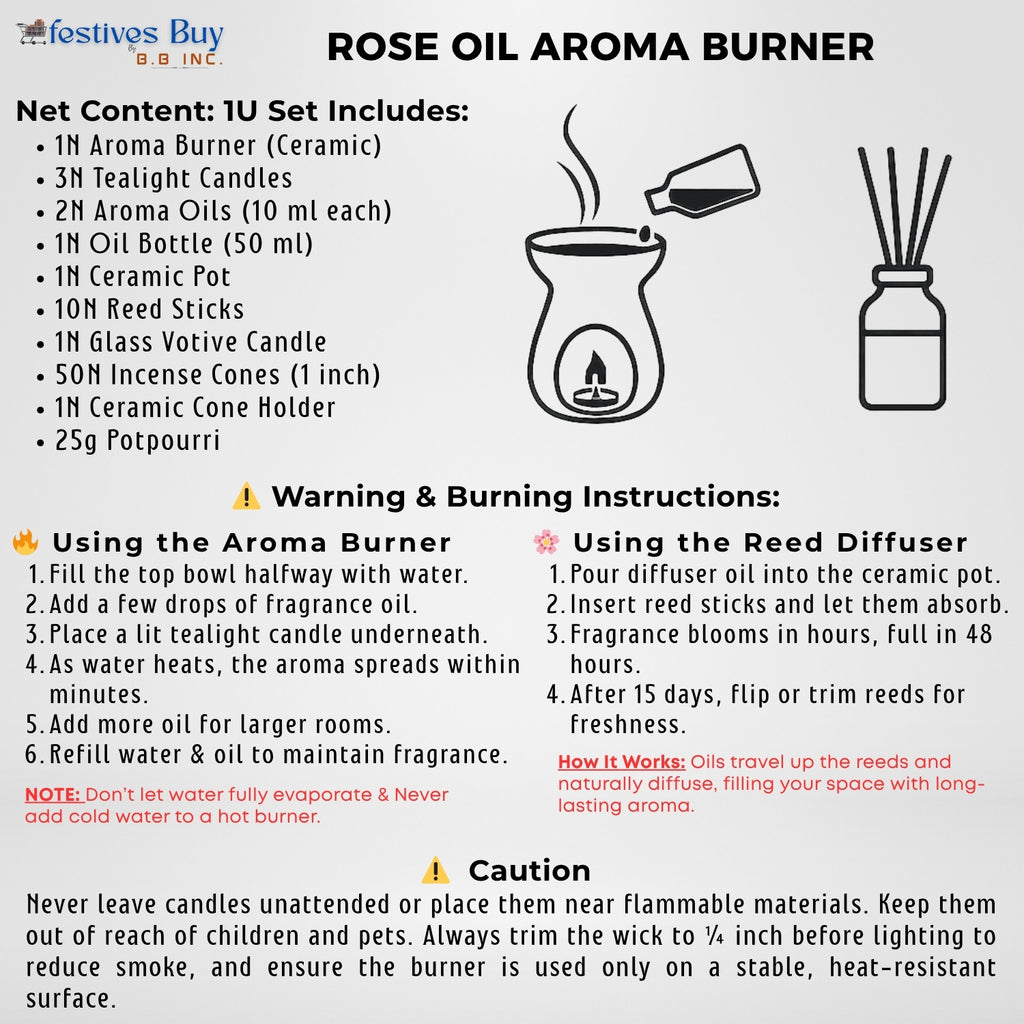 Rose Essence Aroma Gift Set – Ceramic Oil Burner & Reed Diffuser by Festives Buy