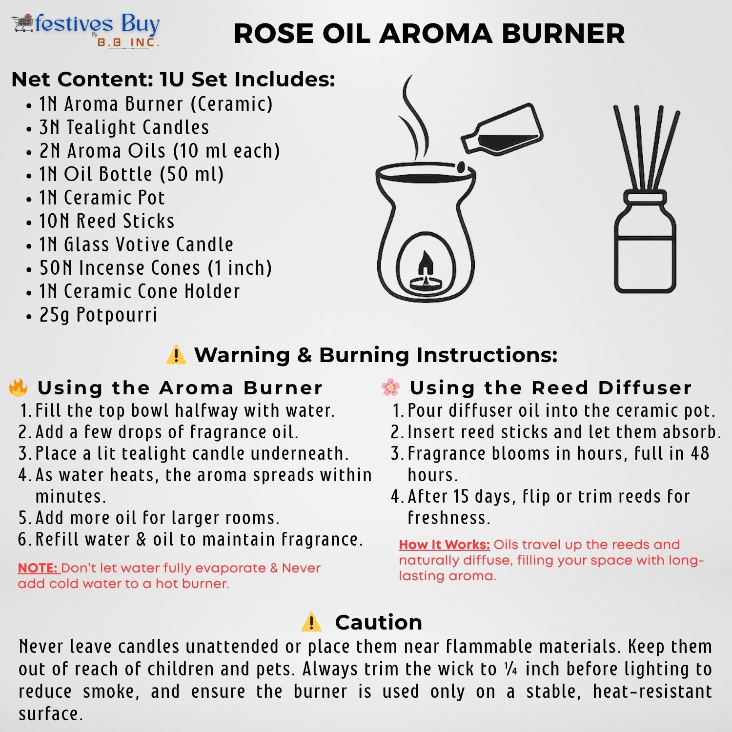 Rose Essence Aroma Gift Set – Ceramic Oil Burner & Reed Diffuser by Festives Buy