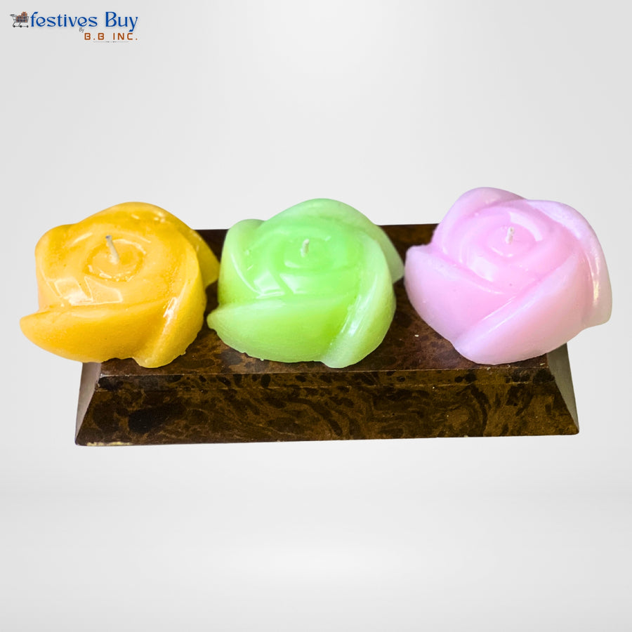 Rose Shaped Candle Set – 3 Piece Multi-Color Designer Floral Decorative Candles by Festives Buy