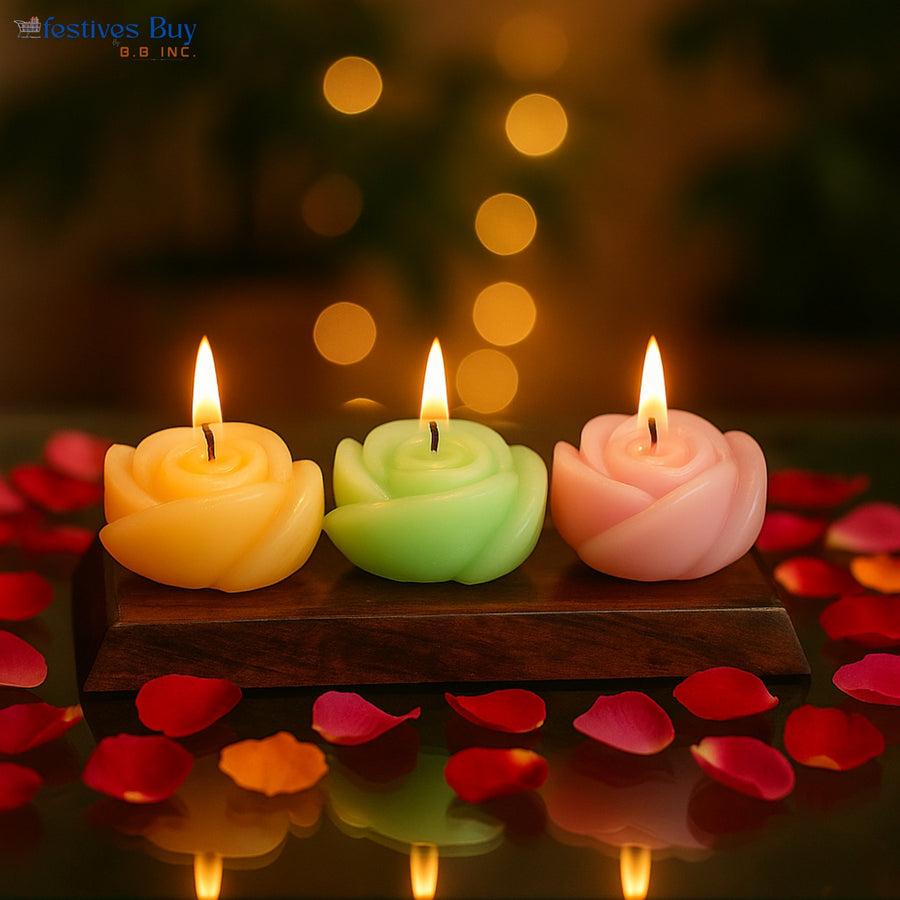 Rose Shaped Candle Set – 3 Piece Multi-Color Designer Floral Decorative Candles by Festives Buy