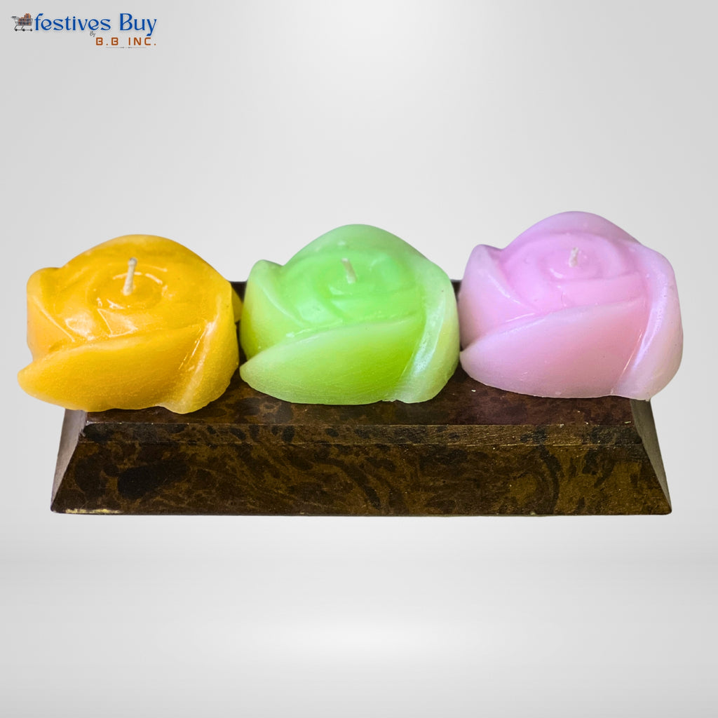 Rose Shaped Candle Set – 3 Piece Multi-Color Designer Floral Decorative Candles by Festives Buy