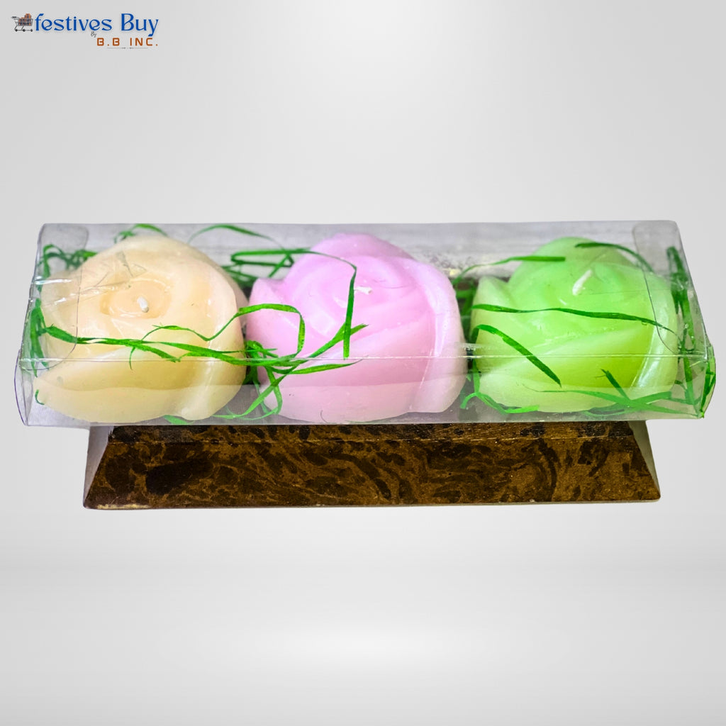 Rose Shaped Candle Set – 3 Piece Multi-Color Designer Floral Decorative Candles by Festives Buy