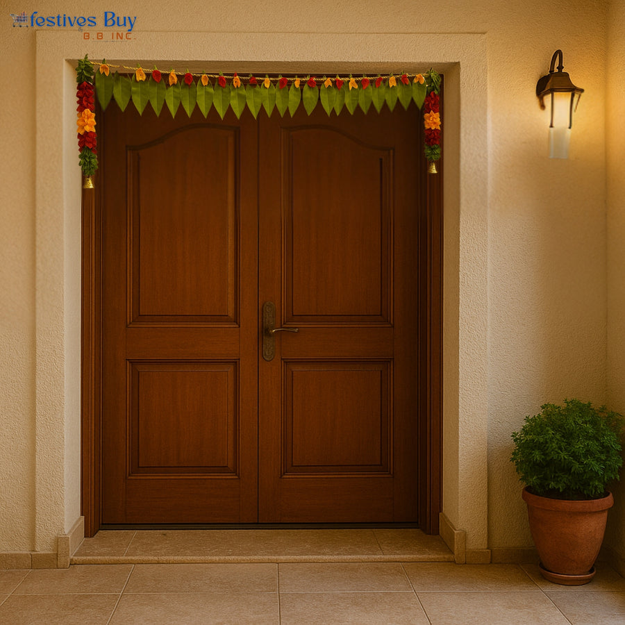 Sacred Mango Leaf Toran – 40 Inch Decorative Door Hanging with Bells by Festives Buy