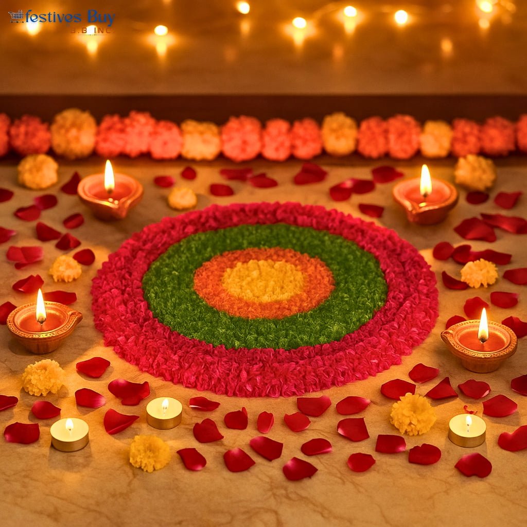 Vibrant Blossom Wool Rangoli – 10 Inch Washable Rexine Base by Festives Buy
