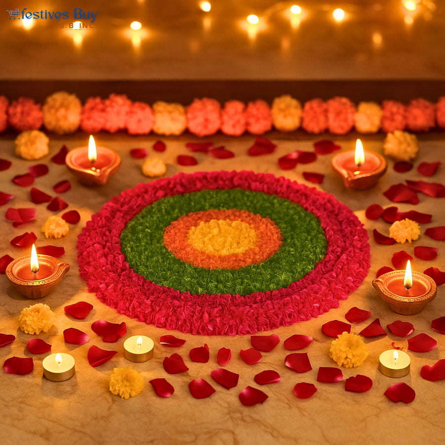 Vibrant Blossom Wool Rangoli – 10 Inch Washable Rexine Base by Festives Buy