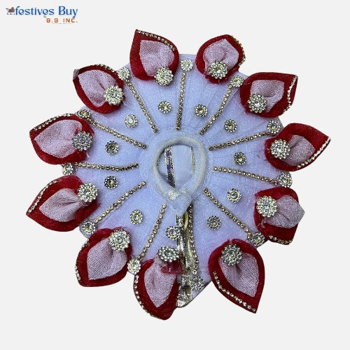 White & Red Petal Style Laddu Gopal Dress – 6 Inch Diameter | Stone Work Designer Krishna Poshak for Janmashtami & Puja