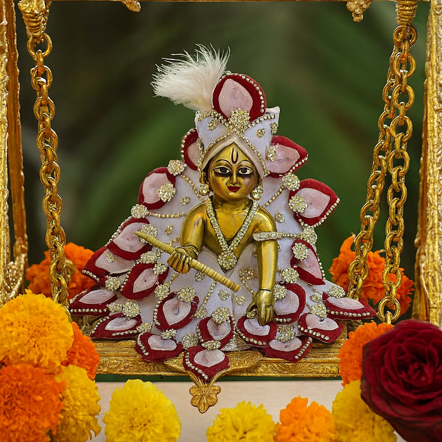 White & Red Petal Style Laddu Gopal Dress – 6 Inch Diameter | Stone Work Designer Krishna Poshak for Janmashtami & Puja