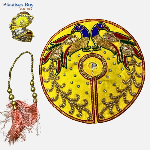 Yellow Peacock Embroidered Laddu Gopal Dress Set – 8 Inch Diameter | Krishna Idol Poshak with Pagdi & Mala