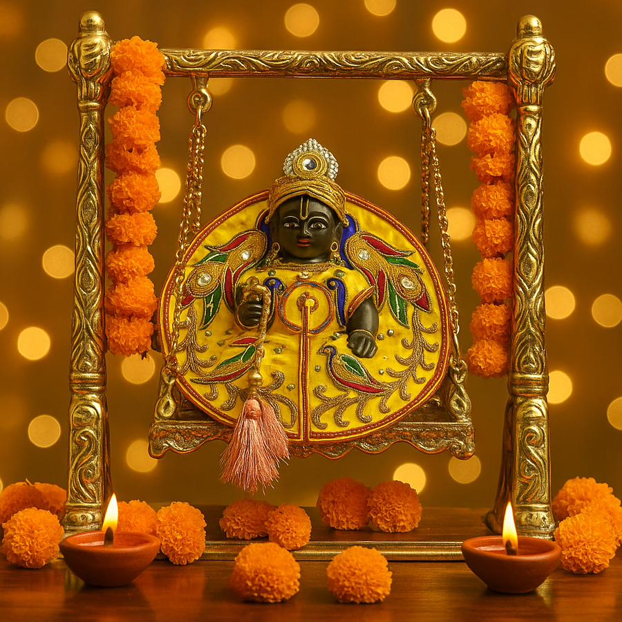 Yellow Peacock Embroidered Laddu Gopal Dress Set – 8 Inch Diameter | Krishna Idol Poshak with Pagdi & Mala