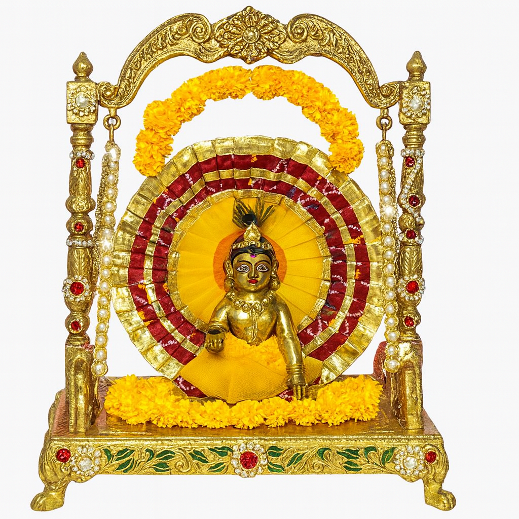 Yellow & Red Traditional Laddu Gopal Dress – 8 Inch Diameter | Golden Lace Krishna Idol Poshak for Janmashtami & Puja